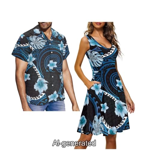 Image of Dreaweet Summer Dresses for Women A-Line Sleeveless Flowy Sun Dresses,Men's Casual Button-Down Shirts,Couple Matching Outfits