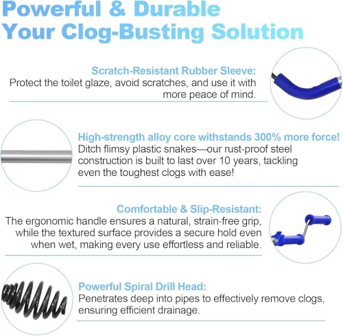 6FT Toilet Auger with Bulb Head - Toilet Snake Auger with Drop Head to Protect Toilet Bowl from Scratches, Heavy Duty Toilet Snake Drain Clog Remover with Extra Long Cable for Stubborn Clogs by Podoy - Image 4