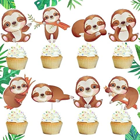 24Pcs Sloth Cupcake Toppers Sloth Party Decorations for Sloth Theme Animal Theme Birthday Party Supplies Cover