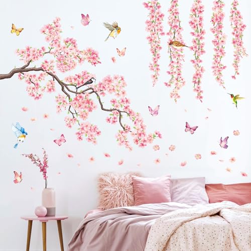 DECOWALL SG3-2320 Cherry Blossom Flower Wall Stickers Pink Hanging Floral Tree Branch Birds Decals Living Room Bedroom Office Home Decor - Image 3