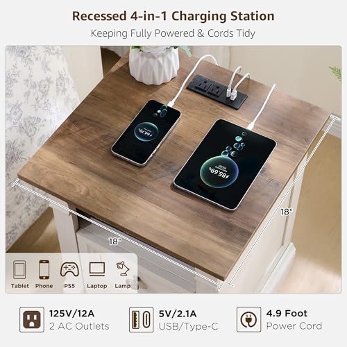 Image of Farmhouse Nightstand with Charging Station 18 inchWood End Table w /Roman Column