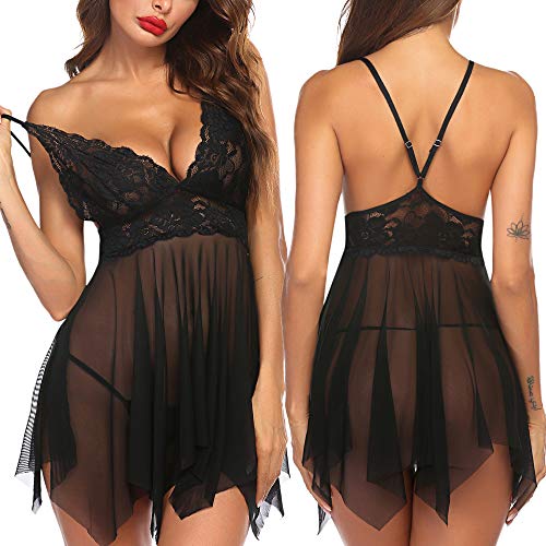 Avidlove Women Sexy Lingerie Babydoll Lace Nightgown Mesh Chemise Boudoir Nighty Black