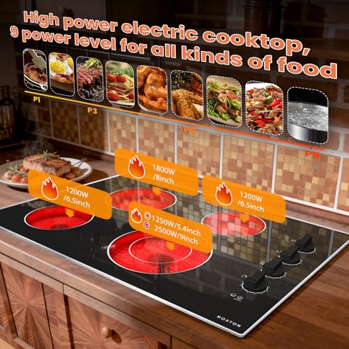 Image of Noxton 30 Inch Electric Cooktop, 4 Burner Ceramic Cooktop with Glass Protection Metal Frame & Knob Control, Built-in Radiant Stove Top, Dual Ring Expandable Burner, 240V Hardwired for Seniors