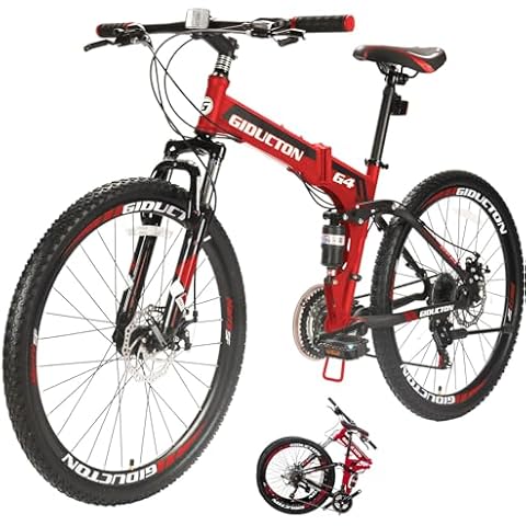 EUROBIKE Folding Bike,26” Full Suspension Mountain Bike 21 Speed Folding Bicycle Men or Women MTB (Red) Cover