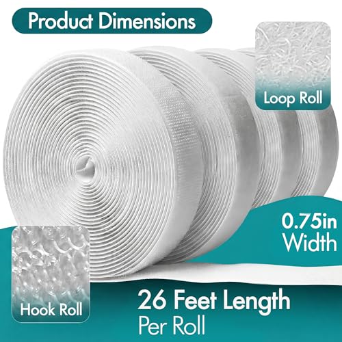 Image of (26ft x 0.75in) White Velcro Strips with Adhesive, Double Rolls of Heavy Duty Self Adhesive Tape with Backing (26ft x 0.75in - Pack of 2)