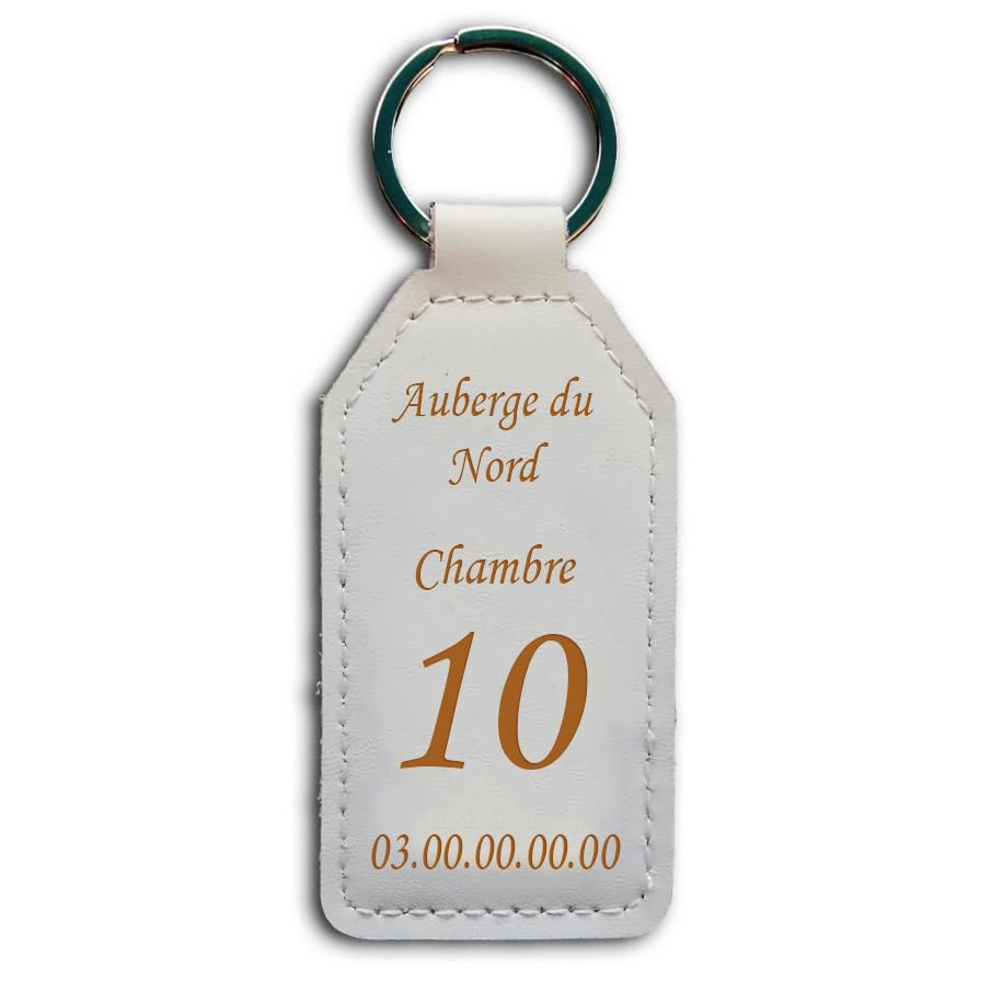 Porte-clés gravé en Cuir PU spécial gîtes, hôtel, B&B, camping, mobil-home, chalet, chambres d'hôtes avec gravure personnalisée. 8 Coloris disponibles.