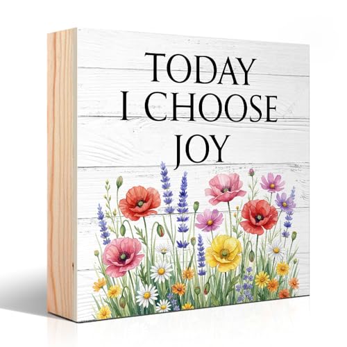 Vgrti Today I Choose Joy Wood Box Sign Colorful Wildflower Desk Decor for Farmhouse Home Office Kitchen Inspirational Quotes Gifts Birthday Gifts for Women Coworkers Friends Besties Daughter Mom