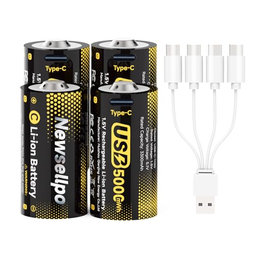 Newsellpo Rechargeable C Batteries 4 Pack 1.5V 5000mWh Lithium C Size Battery LR14 C Cell with 4-in-1 USB-C Charging Cable for Flashlights Radios Toys Remote Controls & High-Drain Devices