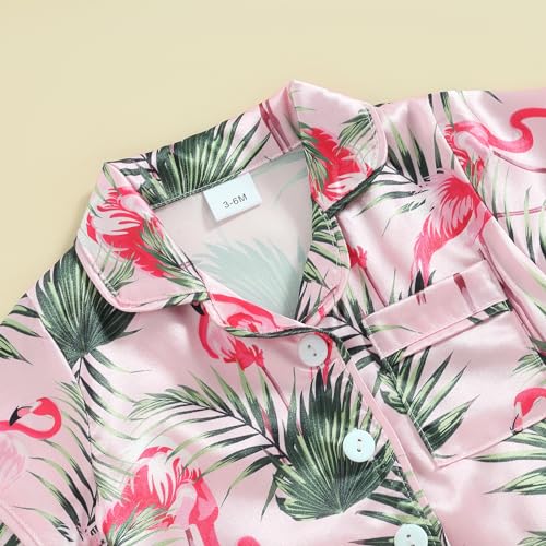 Qiylii 2PC Toddler Girls Short Satin Pajamas Butterfly Flamingo Button-Up Pjs Short Sleeve Summer Silk Pajamas Loungewear3