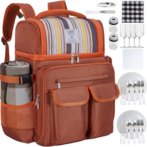 ITHWIU Picnic Backpack for 4 Person with 2 Insulated Leakproof Cooler Compartment, 4 Cutlery Sets, Wine Holder, Fleece Blanket, Perfect for Beach, Camping, Hiking, Brown