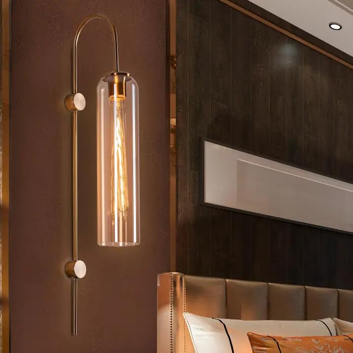 Image of Gold Long Glass Wall Light | Amber Gold Copper Metal Wall Lamp Fixture | Decorative Lighting for Living Room Bedroom Dining Cafe Bar Restaurant | Modern Home Decor | Without Bulb