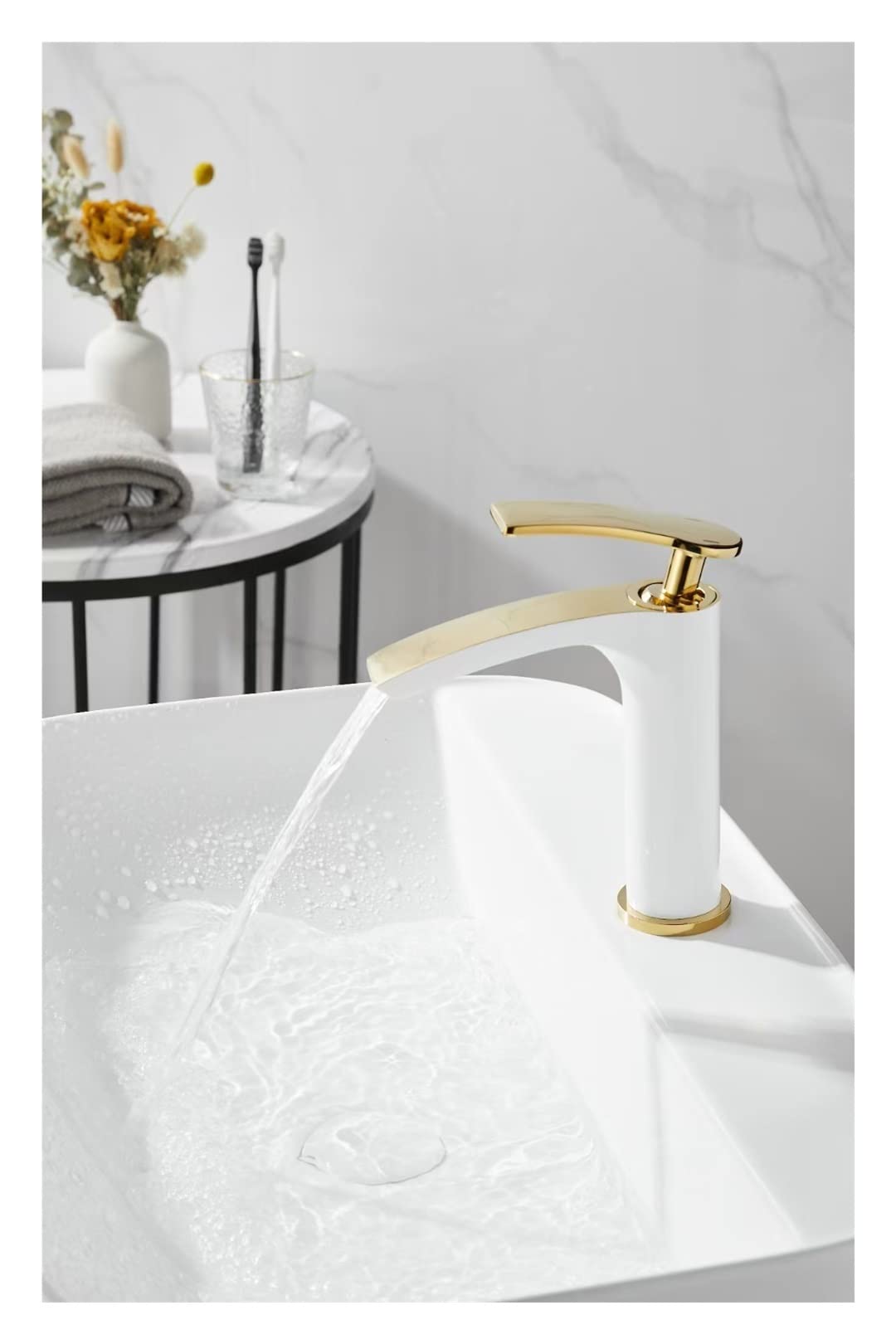 Mitigeur de lavabo court or et blanc en laiton pour vasque de salle de bain