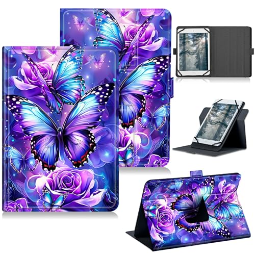 RWUTYTIUL for LG G Pad 5 10.1 Inch Universal Case 9'-10.5', 360 Degree Rotating Kickstand Protective Stand Case with Multiple Viewing PU Leather Shell Case for LG G Pad 5, Purple Butterfly Flower