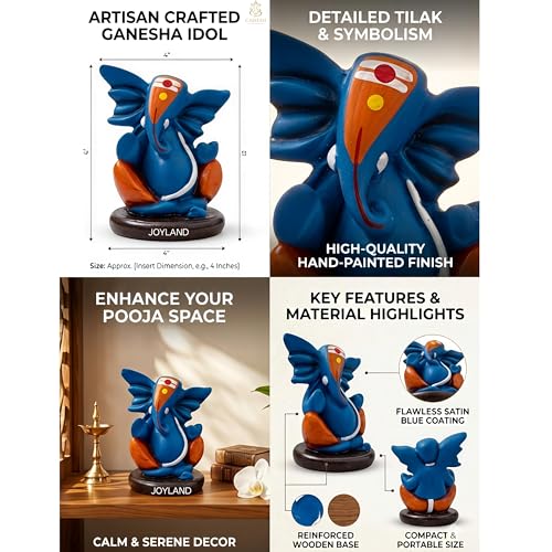 Image of JOY LAND Blue Ganesha Idol | Resin & Marble Dust Ganpati Murti for Home, Office & Car Dashboard | 3.5 Inch