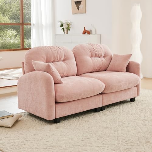 Image of KEIKI 74 inch Oversized Chenille Modular Sectional Loveseat Sofa with High-Density Foam Cushions and Tufted Pleated Cushion Backrest, Upholstered 2-Seater Cloud Couch with 2 Pillow, for Living Room, Pink