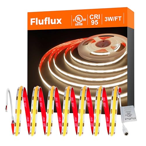 FluFlux COB LED Strip Light Neutral White 3500K, Premium Tape Light with Strong 3M VHB Tape, CRI 95, UL Listed, Cuttable, Dimmable, 24V DC for Living Room, Stairs, Shelves (Power Supply Not Included)