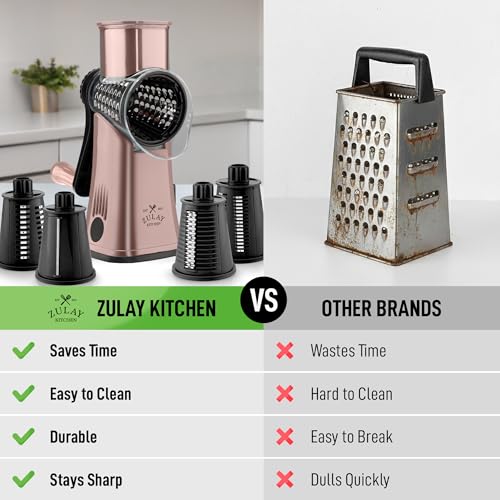Image of Zulay Kitchen Rotary Cheese Grater 5 Blade Cheese Shredder - Manual Hand Crank Cheese Grater With Reinforced Suction & 5 Interchangeable Drums - Easy to Use, Vegetable Chopper Round Mandoline Slicer