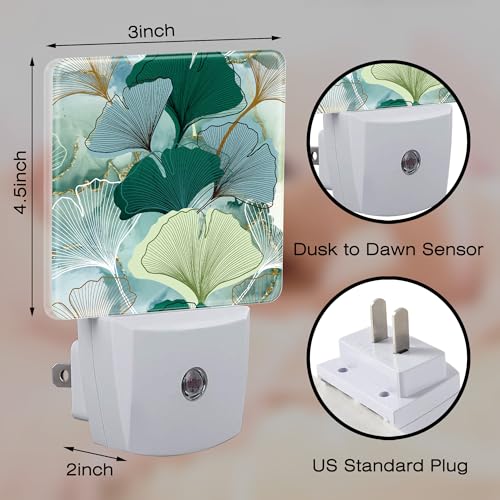 Image of Green Gold Ginkgo Leaves Night Light for Kids,Abstract Botanical Leaves Night Light Plug in with Dusk to Dawn Sensor,0.5w Energy Saving Nightlight for Hallway Stairway Kitchen Bedroom
