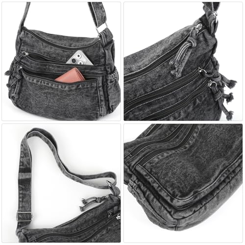 Image of ALUSBELL Large Denim Tote Bag for Women Lightweight Denim Purses Jean Shoulder Bag Retro Crossbody Handbags