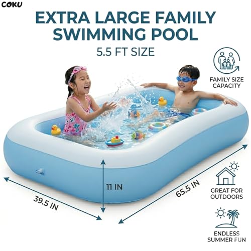 Image of Coku Inflatable Swimming Pool for Kids & Adults | Portable Foldable Rectangular Pool with Thick PVC Material | Swimming Pool for Kids 1-5 Years | Family Backyard Water Pool (5.5 Feet, Multicolor)