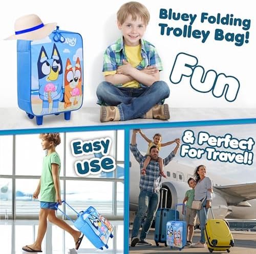 Bluey Kids Suitcase with Wheels Carry On Luggage for Boys Girls Foldable Travel Bag Small Rolling Cabin Case with Handle Lightweight Gifts for Kids S (L18inch x W11.8inch - 15L, Blue)