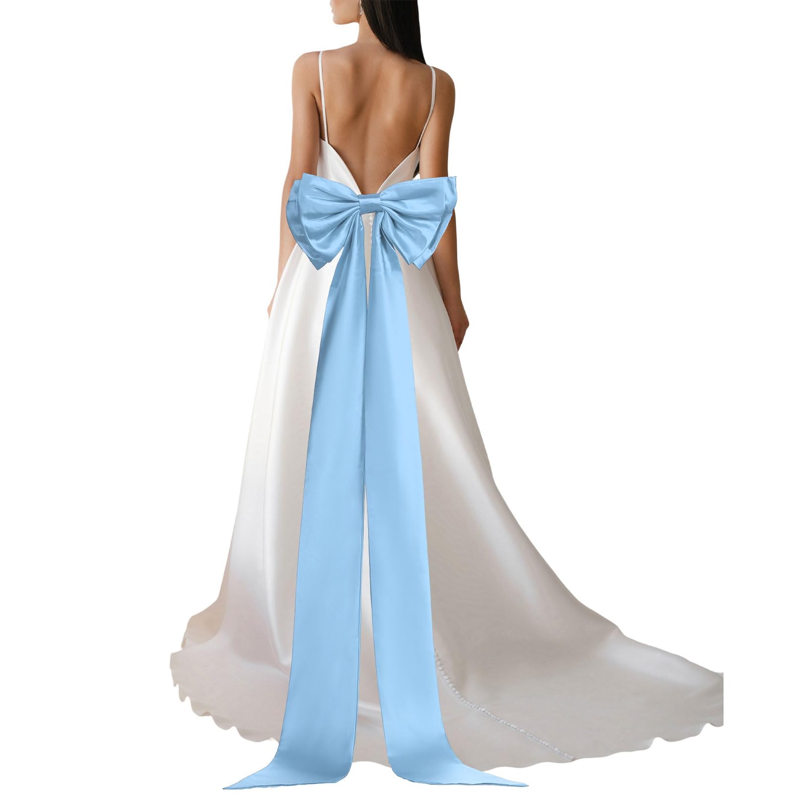 YELARXI Satin Big Bow for Wedding Dresses, Long Detachable Satin Bow Sweep Train - Fitting for (Formal Dress - Sash Belt - Wedding Accessories - Women) 59 Inch & Sky Blue