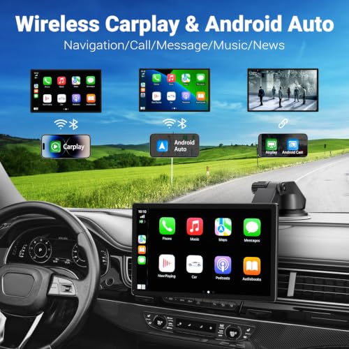 Image of 9 inch Wireless Apple Carplay Screen for Car & Android Auto with Backup Camera | Portable Touchscreen with OTA Update, GPS Navigation /Mirror Link /Voice Control /5.0 Bluetooth