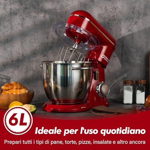 Kitchen in the box Impastatrice Planetaria, 6L Planetaria Professionale 1400W, 10 Velocità con Uncino Impastatore, Mescolatore e Frusta Sbattitrice (Rosso) - immagine 3