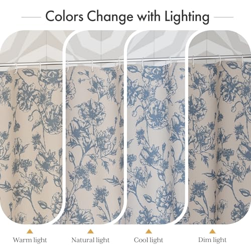Image of AmazerBath Light Blue Floral Shower Curtain, Modern Farmhouse Shower Curtain Set with Tassels, Rustic Faux Linen Shower Curtain Washable with Hooks for Cottagecore Style, 72x72 Inches