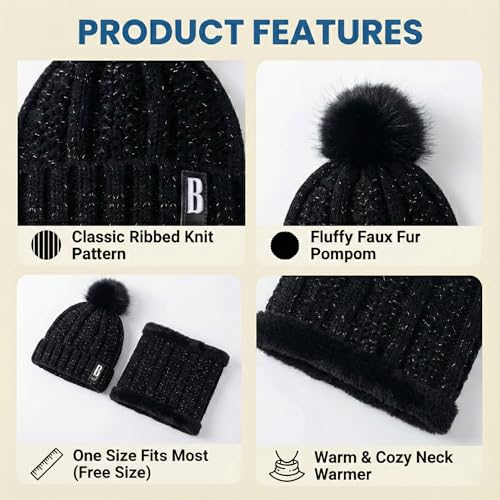 Image of Kraptick Women's Winter Beanie Cap and Scarf Set with Soft Fleece Lining, Thick Cable Knit Woolen Cap for Ladies & Neck Warmer for Extreme Cold Stylish Pom Pom Hat & Scarf Set -7