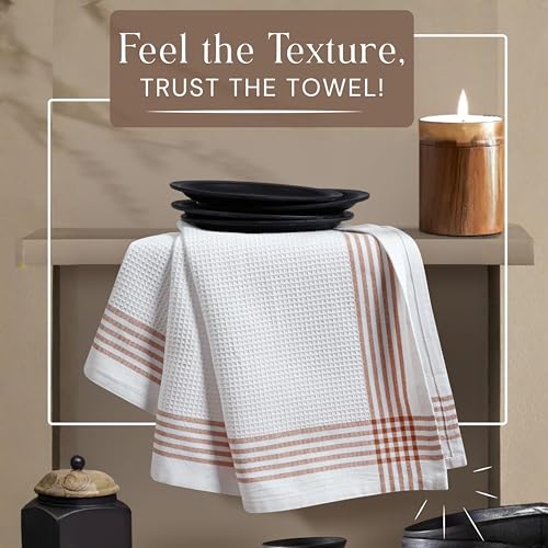 Image of Waffle White & Brown 4 Pack Kitchen Towels Set, 100% Cotton, 16x26 inches, Professional Quality Cleaning Towel for Bar, Home, Restaurant Use, Absorbent Dish Cloths for Drying Dishes