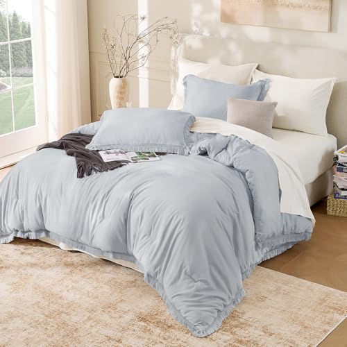 Image of Andency Light Grey Comforter Set Queen, 3 Pieces Boho Tassel Lightweight Bedding Comforter Sets, All Season Soft Fluffy Fringe Bed Set (90x90In Comforter & 2 Pillowcases)