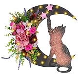 VDKIDKT Spring Wreaths for Front Door with Lights, Flower Crescent Cat Moon Wreath for Front Door, Wooden Wreath Decorations for Home Party Window Wall (Colorful, with Lights)