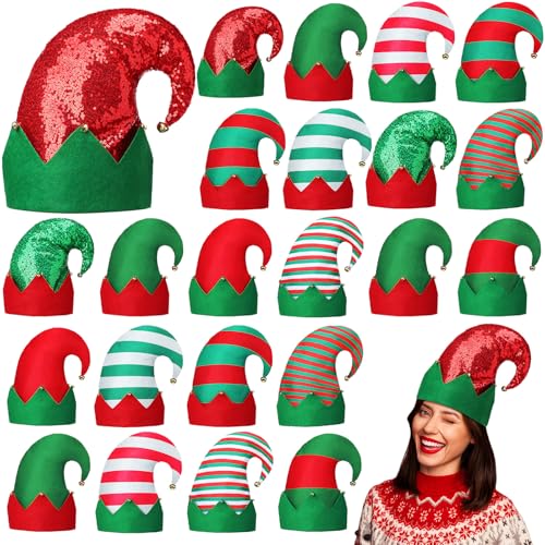 Croknit 24 sombreros de elfo de Navidad, sombreros de fieltro de elfo de Navidad, sombreros divertidos a granel con campanas, accesorios de disfraz de fiesta de vacaciones, sombreros de Papá Noel para