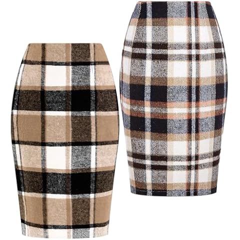 Coume 2 Pack Womens Wool Midi Plaid Skirts 2025 Fall Winter Pencil Knee Length High Waisted Bodycon Skirt with Slit(Brown, Dark Khaki,XL) Cover
