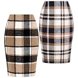 Coume 2 Pack Womens Wool Midi Plaid Skirts 2025 Fall Winter Pencil Knee Length High Waisted Bodycon Skirt with Slit(Brown, Dark Khaki,M)