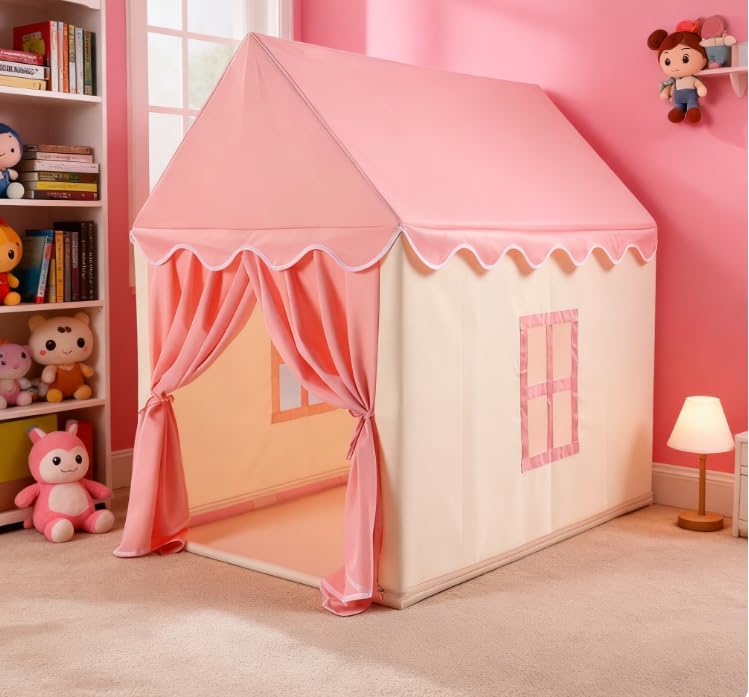 Pink Play Tent House with Curtains — Indoor Princess Playhouse with Soft Fabric Roof & Windows, Stable Frame Structure, Cozy Reading & Play Space for Home Use