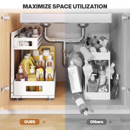 Image of 2 Pack 17IN-Depth Under Sink Organizer,Pull Out Cabinet Organizer With Smooth Cylindrical Rail,Metal Slide Out Drawer for Kitchen Bathroom Laundry,8-Level Tool Free Height Adjustable-White