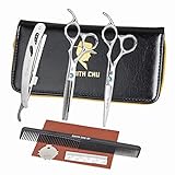 C/N 6.0 Inch Steel Professional Hair Scissors Set Silver Straight Thinning Scissor Set for Barbers Thinning Hair Cutting Shears Hair Scissors Set Cutting Barber Salon Hairdresser Scissors