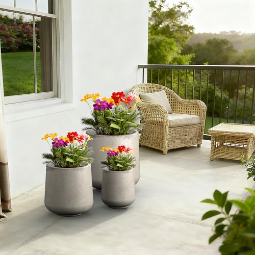 Image of Kante Set of 3 Weathered Concrete Curved Round Planters for Modern Home | Handcrafted, Premium, Durable, All-Weather Cement Pot, Drainage for Outdoor, Rubber Plug for Indoor Home, Anti-Frost & UV