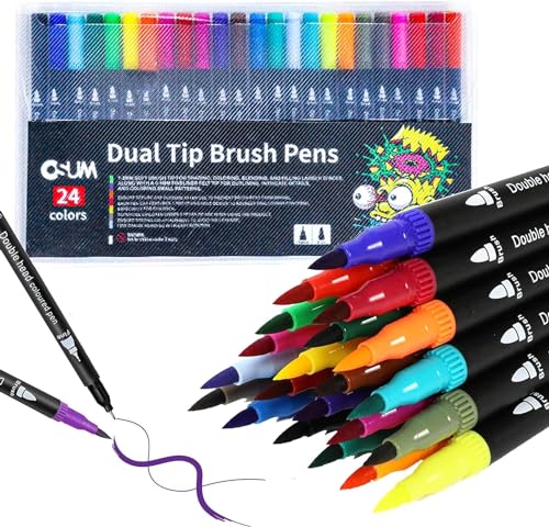 OSUM Dual Colouring Pens Markers | Felt fine Tip Pens and Fineliners Pens | Coloured Pens - Anxiety Art Pens Supplies for Adults Kids and Childrens (Pack 24) (Baroque)