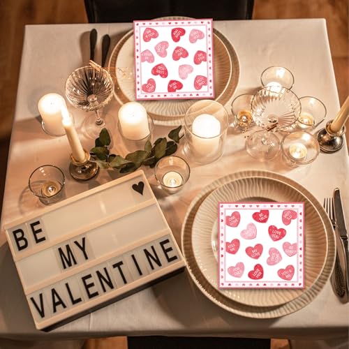 Image of 40 Pack Valentine's Day Paper Napkins - 13 x 13 Inches Disposable Heart Love Message Serviettes Tableware Luncheon Cocktail Napkin Party Supplies for Weddings, Anniversaries, and Romantic Celebrations