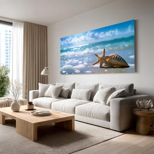 Tableau décoration murale vie marine avec étoile de mer et peinture aquarelle 50x100 cm