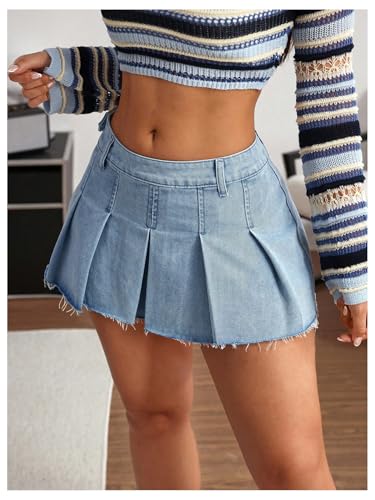Verdusa Women's Raw Hem Pleated Mini Denim Skirt3