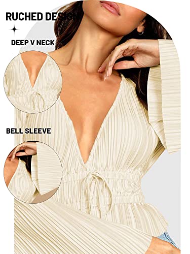 Zaful Women Deep V Neck Bell Long Sleeve Blouse Tie Knot Pleated Crop Top Solid Elegant Tunic Shirt Beige #TOP1