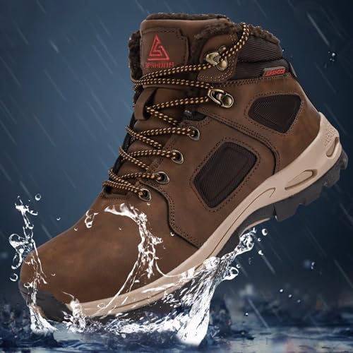 CYKYGGO Bottes Hiver Hommes Bottines de Neige Fourrées Imperméable Cuir Boots Chaudes Trekking Chaussures Antidérapant Outdoor Marron 41 – vue 5