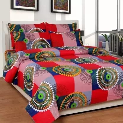 DECORUM Mahroon Chakkri 3D Printed Poly Cotton Double Bedsheet with 2 Pillow Covers (Multicolour, 90 x 90 Inch)