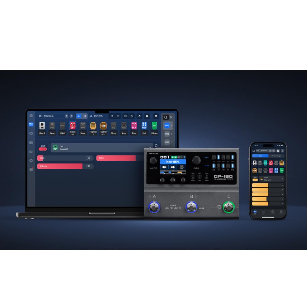 Valeton GP-180 Multi-Effektprozessor Gitarre (Gitarreneffekt Pedal, 200 Effekte, SnapTone NAM, 3 Fußschaltern, True Bypass, Looper, 6h Akku, Bluetooth App, MIDI), Schwarz