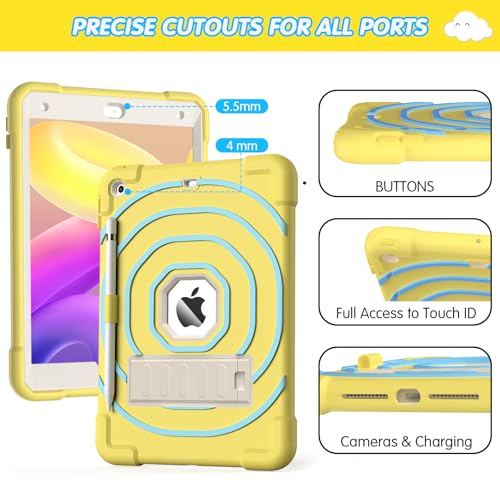 SIBEITU Kids Case for iPad 9th Generation/ 8th Gen/ 7th Gen with Pencil Holder & Stand, Fully-Body Hybrid Shockproof Rugged Drop Protective Cover for iPad 10.2 inch 2021/2020/2019 (Yellow Blue)