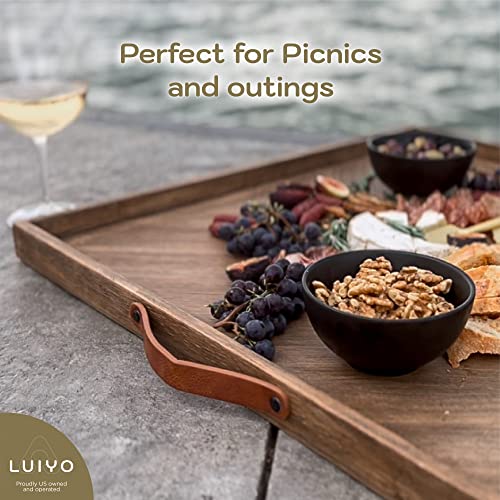 Luiyo Large Ottoman Wood Tray- With Leather Handle Decorative Wooden 24 X 24 X1.5 Inches Square Serving Tray Best For Coffee Table, Living Room And Kitchen #TOP6